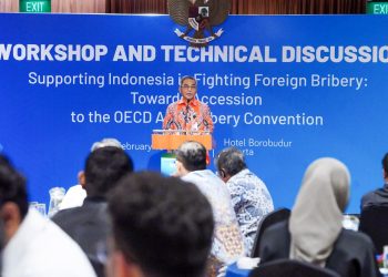 Ketua KPK, Setyo Budiyanto memberikan sambutan dalam acara Lokakarya dan Diskusi Teknis Konvensi Anti-Penyuapan OECD