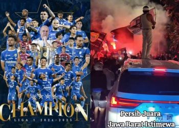 Kiri: Persib Bandung juara Liga 1 2024-2025. Kanan: Gubernur Jawa Barat Dedi Mulyadi ikut merayakan kesuksesan Persib bersama Bobotoh.