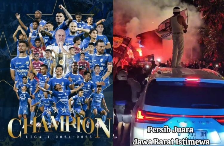 Kiri: Persib Bandung juara Liga 1 2024-2025. Kanan: Gubernur Jawa Barat Dedi Mulyadi ikut merayakan kesuksesan Persib bersama Bobotoh.