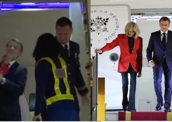 Kiri: Momen Presiden Prancis Emmanuel Macron ditampar sang istri saat  pesawat kepresidenannya mendarat di Hanoi, Vietnam, Minggu (25/5). Kanan: Macron dan istri menuruni pesawat tanpa bergandengan.