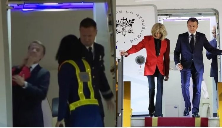 Kiri: Momen Presiden Prancis Emmanuel Macron ditampar sang istri saat  pesawat kepresidenannya mendarat di Hanoi, Vietnam, Minggu (25/5). Kanan: Macron dan istri menuruni pesawat tanpa bergandengan.