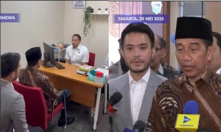 Kiri: Presiden ke-7 RI Joko Widodo (Jokowi) duduk di kursi di hadapan penyidik Breskrim Polri memberikan klarifikasi. Kanan: Jokowi memberikan keterangan kepada wartawan usai pemeriksaan.(Tangkapan layar YouTube Kompas TV)