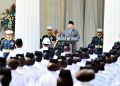 Presiden Republik Indonesia, Prabowo Subianto berpidato sebagai Inspektur Upacara pada Upacara Peringatan Hari Lahir Pancasila di Gedung Pancasila, Kementerian Luar Negeri, Jakarta