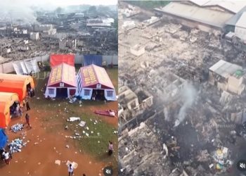 Kiri: tenda pengungsian warga korban kebakaran Kapuk Muara. Kanan: Rumah-rumah di Kapuk Muara rata dengan tanah, hanya menyisakan puing-puing/Instagram @lbj_jakarta