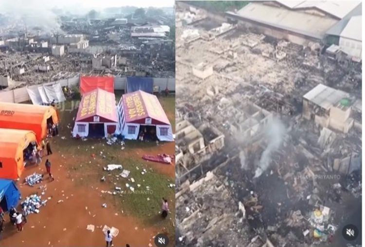 Kiri: tenda pengungsian warga korban kebakaran Kapuk Muara. Kanan: Rumah-rumah di Kapuk Muara rata dengan tanah, hanya menyisakan puing-puing/Instagram @lbj_jakarta