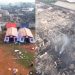 Kiri: tenda pengungsian warga korban kebakaran Kapuk Muara. Kanan: Rumah-rumah di Kapuk Muara rata dengan tanah, hanya menyisakan puing-puing/Instagram @lbj_jakarta