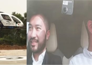 Kiri: Taksi terbang uji coba membawa penumpang di Phantom Ground Park PIK 2, Kabupaten Tangerang, Banten, Kamis (26/6). Kanan: Rudy Salim dan Raffi Ahmad menjajal taksi terbang/tangkapan layar YouTube GenPi