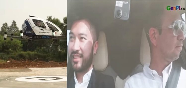 Kiri: Taksi terbang uji coba membawa penumpang di Phantom Ground Park PIK 2, Kabupaten Tangerang, Banten, Kamis (26/6). Kanan: Rudy Salim dan Raffi Ahmad menjajal taksi terbang/tangkapan layar YouTube GenPi