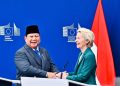 Pernyataan Pers Bersama Presiden Republik Indonesia, Prabowo Subianto dan Presiden Komisi Eropa, Ursula von der Leyen, di kantor pusat Uni Eropa, Berlaymont Building, Brussel, Belgia, pada Minggu, 13 Juli 2025.