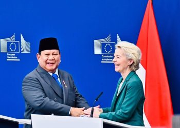 Pernyataan Pers Bersama Presiden Republik Indonesia, Prabowo Subianto dan Presiden Komisi Eropa, Ursula von der Leyen, di kantor pusat Uni Eropa, Berlaymont Building, Brussel, Belgia, pada Minggu, 13 Juli 2025.