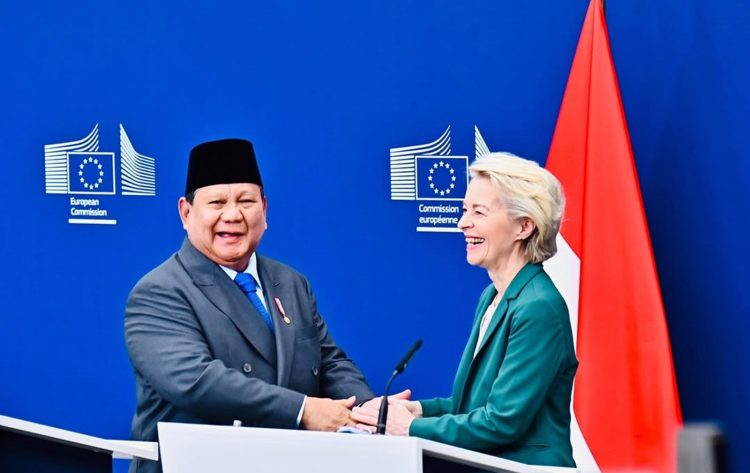 Pernyataan Pers Bersama Presiden Republik Indonesia, Prabowo Subianto dan Presiden Komisi Eropa, Ursula von der Leyen, di kantor pusat Uni Eropa, Berlaymont Building, Brussel, Belgia, pada Minggu, 13 Juli 2025.