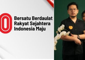 Kiri: Logo HUT RI 88. Kanan: Bram Patria Yoshogi bersama istri Marvella.