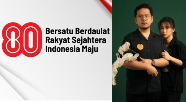 Kiri: Logo HUT RI 88. Kanan: Bram Patria Yoshogi bersama istri Marvella.