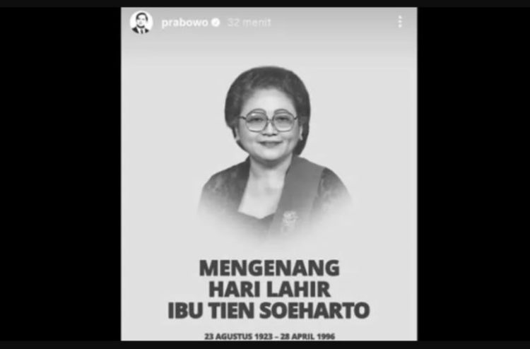 Presiden Prabowo unggah foto Tien Soeharto dengan latar hitam putih di akun Instagram pribadinya/Instagram @prabowo