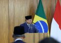 Presiden Republik Indonesia Prabowo Subianto menyampaikan pidato dalam kunjungan kenegaraan di Brasilia, Senin (9/7/2025) (Foto: Tim Media Presiden Prabowo)