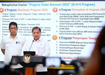 Menteri Koordinator Bidang Perekonomian Airlangga Hartarto bersama Menteri Keuangan Purbaya Yudhi Sadewa dalam konferensi pers di Kompleks Istana Kepresidenan, Jakarta Pusat, Senin (15/9)
