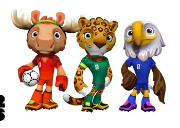 Maskot Piala Dunia 2026 yakni Maple si Rusa (Kanada), Zayu si Jaguar (Meksiko) dan Clutch si Elang (Amerika Serikat). (FIFA.com)