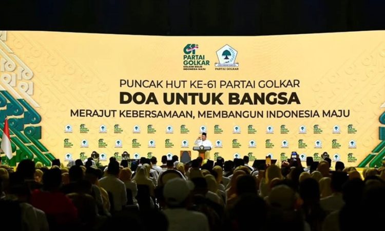 Presiden Prabowo Subianto memberikan sambutan dalam acara Doa Untuk Bangsa dalam rangka Hari Ulang Tahun ke-61 Partai Golongan Karya (Golkar) yang digelar di Istora Senayan, Jakarta, pada Jumat (05/12/2025)