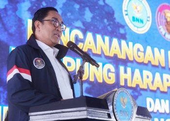Kepala BNN RI Suyudi Ario Seto dalam acara Pencanangan Pemulihan Kampung Bersih Narkoba rangkaian acara Pemusnahan Barang Bukti Narkotika, di Buffer Area IPC Tanjung Priok, Jakarta Utara