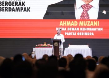 Ketua Harian DPP Partai Gerindra Sufmi Dasco Ahmad memberikan sambutan dalam peringatan HUT ke-18 Partai Gerindra yang digelar di Kompleks Parlemen Senayan, Jakarta Pusat, Jumat (6/2/2026).