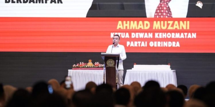 Ketua Harian DPP Partai Gerindra Sufmi Dasco Ahmad memberikan sambutan dalam peringatan HUT ke-18 Partai Gerindra yang digelar di Kompleks Parlemen Senayan, Jakarta Pusat, Jumat (6/2/2026).